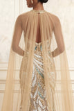 Sparkly Mermaid Champagne Halter Neck Sequins Long Prom Dress with Cape
