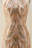 Sparkly Champagne Halter Mermaid Sequins Long Evening Dress