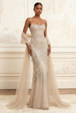 Sparkly Apricot Mermaid Beaded Long Prom Dress with Cape
