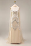 Sparkly Apricot Mermaid Beaded Long Prom Dress with Cape