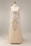 Sparkly Mermaid Apricot Beaded Long Prom Dress with Cape