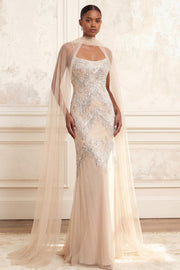 Sparkly Mermaid Apricot Beaded Long Prom Dress with Cape