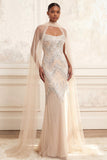 Sparkly Mermaid Apricot Beaded Long Prom Dress with Cape