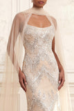 Sparkly Mermaid Apricot Beaded Long Prom Dress with Cape