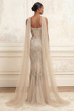 Sparkly Mermaid Apricot Beaded Long Prom Dress with Cape