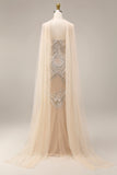 Sparkly Mermaid Apricot Beaded Long Prom Dress with Cape