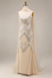 Sparkly Mermaid Apricot Beaded Long Prom Dress with Cape
