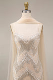 Sparkly Apricot Mermaid Beaded Long Prom Dress with Cape