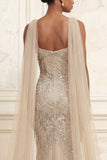 Sparkly Mermaid Apricot Beaded Long Prom Dress with Cape