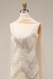 Sparkly Apricot Mermaid Beaded Long Prom Dress with Cape