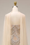 Sparkly Apricot Mermaid Beaded Long Prom Dress with Cape