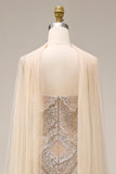 Sparkly Mermaid Apricot Beaded Long Prom Dress with Cape