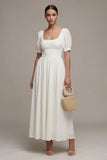White A Line Chiffon Puff Sleeves Long Engagement Dress