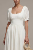 White A Line Chiffon Puff Sleeves Long Engagement Dress
