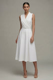 White V-Neck Sleeveless Ruched A Line Midi Work Dress