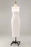 White Square Neck Satin Sheath Midi Engagement Dress