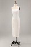 White Square Neck Satin Sheath Midi Engagement Dress