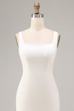 White Square Neck Satin Sheath Midi Engagement Dress