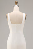 White Square Neck Satin Sheath Midi Engagement Dress