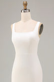 White Square Neck Satin Sheath Midi Engagement Dress