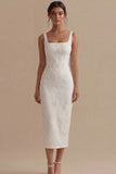 White Square Neck Jacquard Sheath Engagement Dress