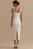 White Square Neck Jacquard Sheath Engagement Dress