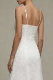 White Spaghetti Straps Lace A Line Midi Engagement Dress