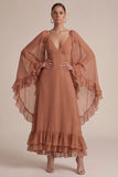 Brown A Line Ruffled V-Neck Long Wedding Guest Dress with Cape