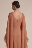 Brown A Line Ruffled V-Neck Long Wedding Guest Dress with Cape