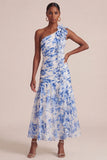Blue Floral A Line One Shoulder Long Wedding Guest Dress with Ruffles