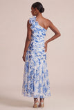 Blue Floral A Line One Shoulder Long Wedding Guest Dress with Ruffles