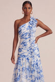 Blue Floral A Line One Shoulder Long Wedding Guest Dress with Ruffles