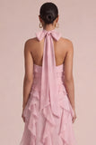 Dusty Rose Halter Ruffled Floral Long Wedding Guest Dress