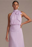 Dusty Rose Floral A Line Long Wedding Guest Dress with Bow