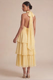 Yellow Ruffled A Line Halter Long Wedding Guest Dress with Bow