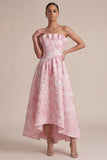 Pink Strapless A Line Floral Midi Wedding Guest Dress