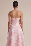 Pink Strapless A Line Floral Midi Wedding Guest Dress