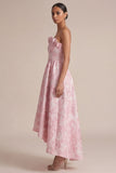 Pink Strapless A Line Floral Midi Wedding Guest Dress