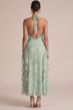 Sage Halter Printed Ruffled Midi Wedding Guest Dress with 3D Flowers