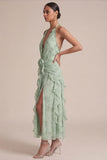 Sage Halter Printed Ruffled Midi Wedding Guest Dress with 3D Flowers