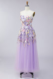 Strapless Lilac A Line Appliqued Corset Midi Wedding Guest Dress