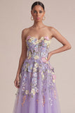 Strapless Lilac A Line Appliqued Corset Midi Wedding Guest Dress
