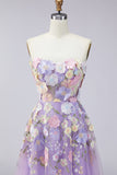 Strapless Lilac A Line Appliqued Corset Midi Wedding Guest Dress