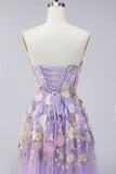 Strapless Lilac A Line Appliqued Corset Midi Wedding Guest Dress