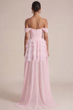 Off the Shoulder Pink A Line Ruffled Corset Wedding Guest Dress