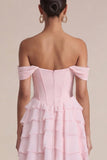 Off the Shoulder Pink A Line Ruffled Corset Wedding Guest Dress