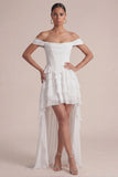 Off the Shoulder Pink A Line Ruffled Corset Wedding Guest Dress