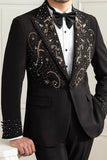 Black One Button Peaked Lapel Beaded Men's Blazer