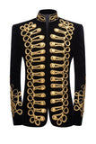 Black High Stand Collar Single Breasted Gold Cord Braided Military Jacket