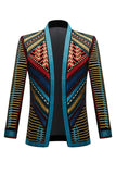 Green Open Front Geometric Embroidered Men's Blazer